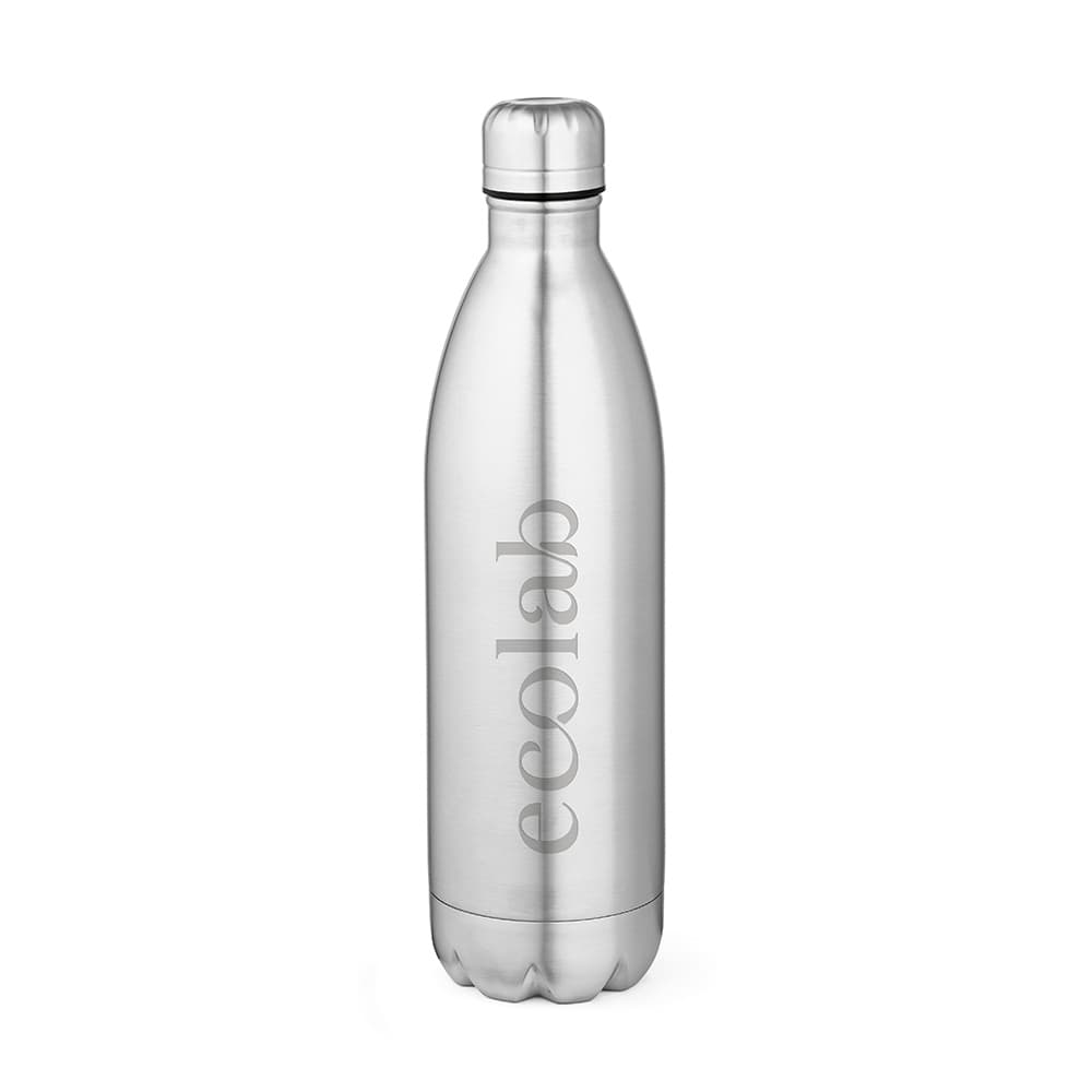 A drink bottle with a shiny silver finish, featuring double-wall insulation and a logo.