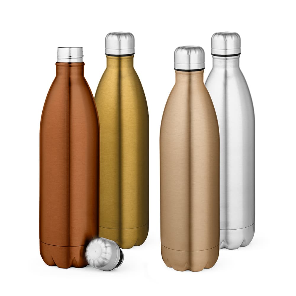 A drink bottle collection featuring copper, gold, and silver finishes with a double wall design and a shiny surface.