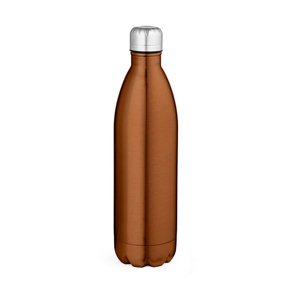 A drink bottle with a shiny copper finish, featuring a silver lid and a smooth, double-wall design.