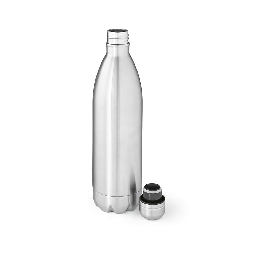 A drink bottle in shiny stainless steel, featuring a double wall design and a removable cap.