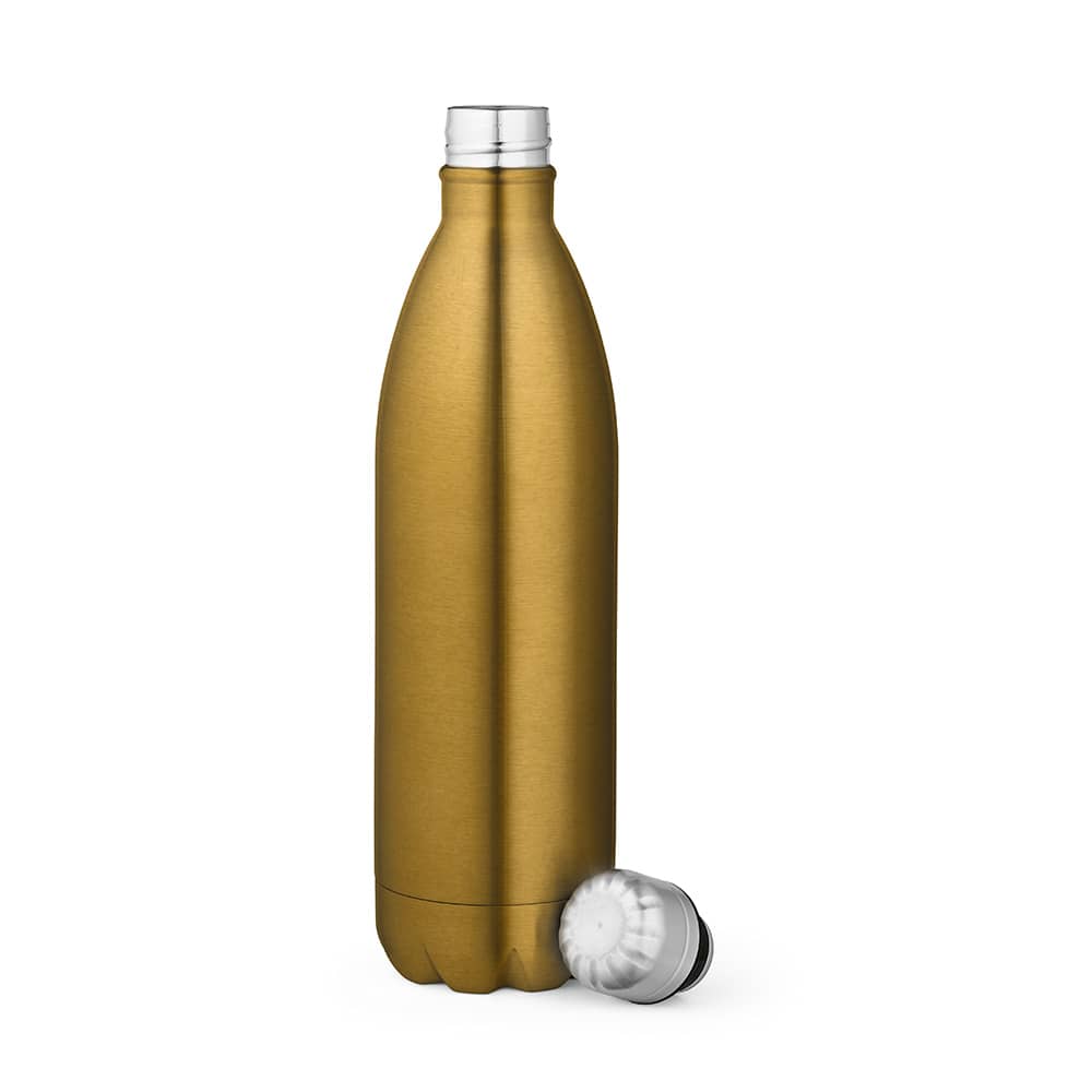 A drink bottle in metallic gold, featuring a double wall design and a shiny finish, with a silver cap.