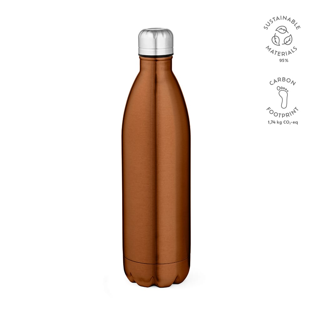 A drink bottle in a shiny bronze finish, featuring a double wall design and a silver cap. Includes a logo.