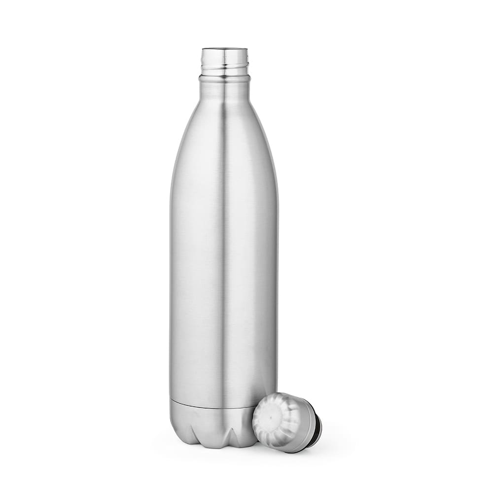 A drink bottle in shiny silver, featuring a double wall design, with a detachable lid.