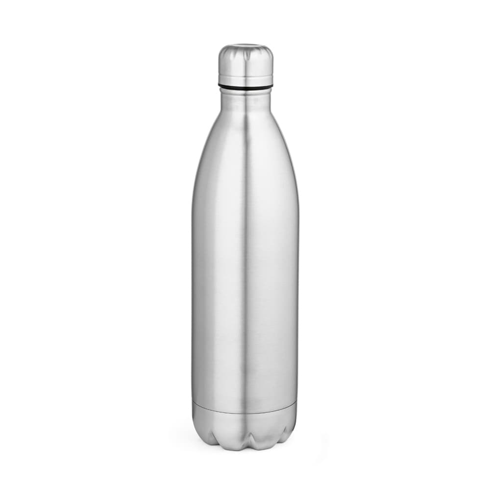 A drink bottle in shiny stainless steel with a double wall design, featuring a built-in logo.
