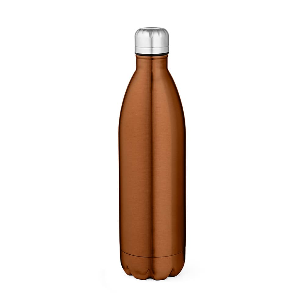 A drink bottle in a shiny copper finish with a double wall and a silver screw cap, featuring a logo.