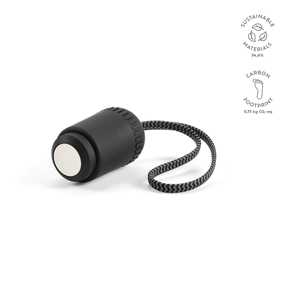 A black 5-in-1 cable with a textured grip and a looped strap, made from sustainable materials.