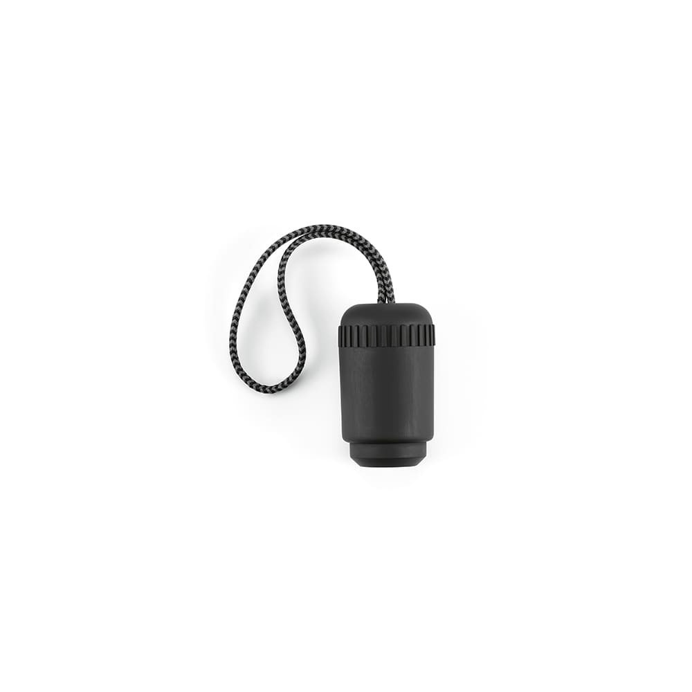 A black promotional storage container with a textured lid and a braided cord attached. It features a logo.