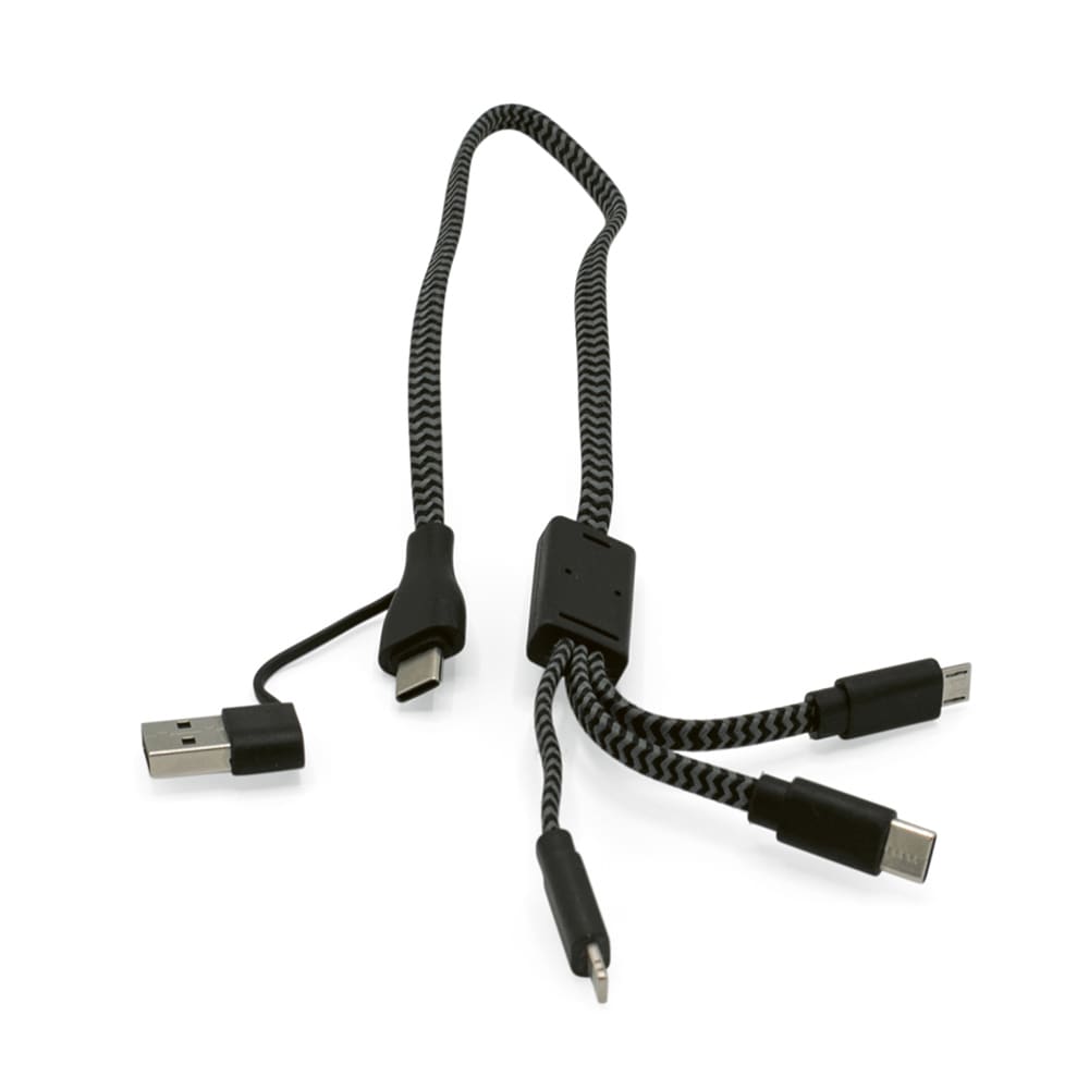 A 5-in-1 charging cable with a braided black design, featuring multiple connectors and a logo.