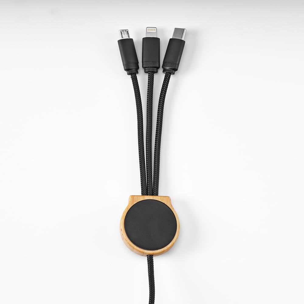 A 5-in-1 charging cable with black connectors, featuring a round bamboo and black holder. It has a backlit logo.