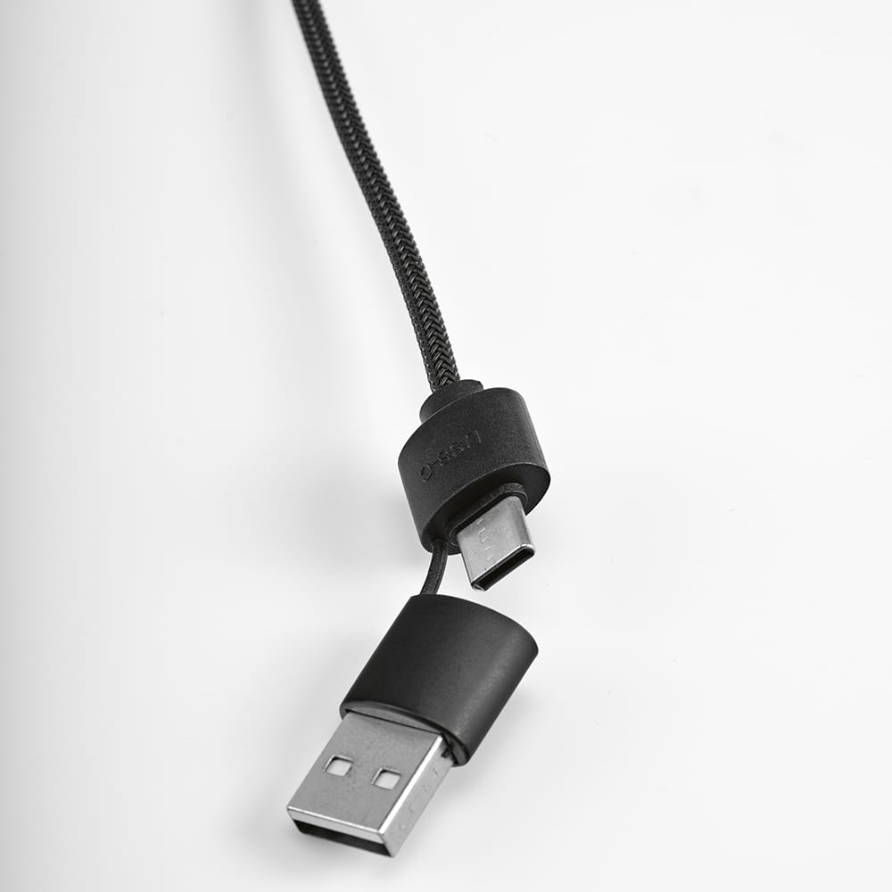 A black 5-in-1 cable with USB and USB-C connectors, featuring a sleek design and a backlit logo.