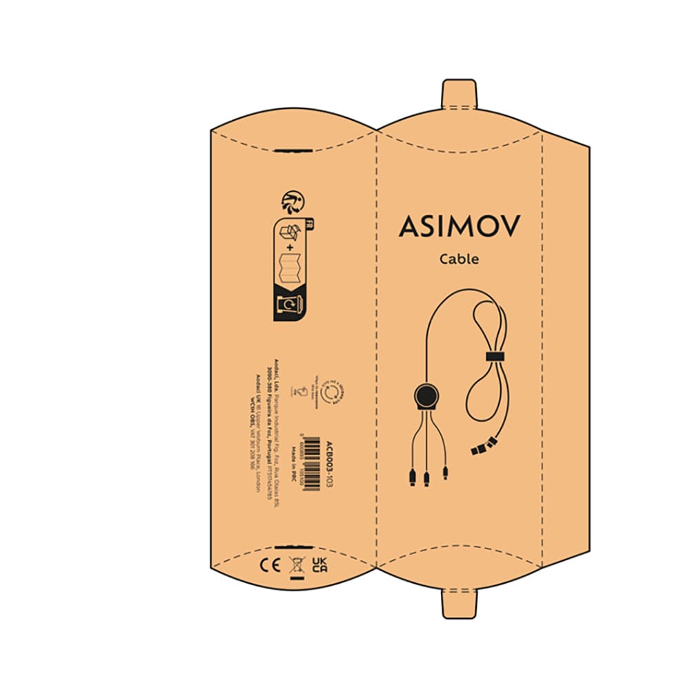 A packaging design featuring a cable with multiple connectors, in a beige colour, with a logo displayed prominently.