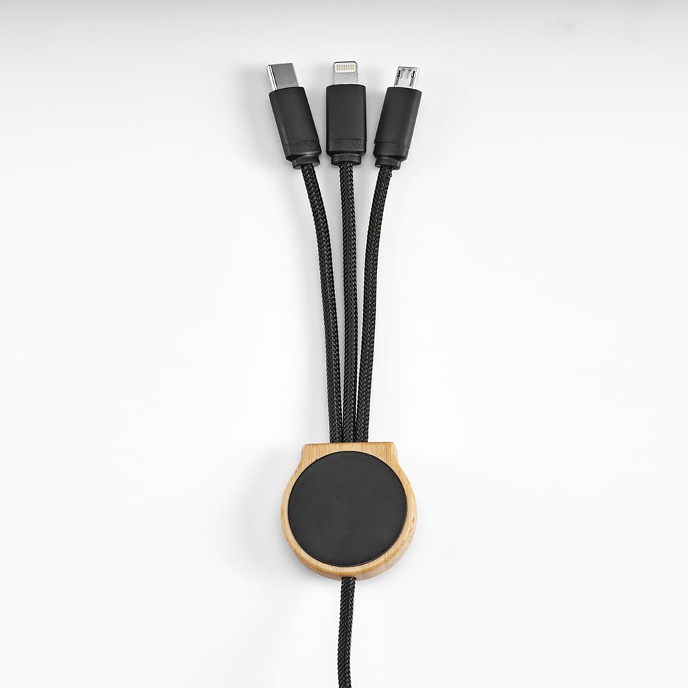 A 5-in-1 charging cable with a bamboo and black rPET design, featuring USB-C, Lightning, and micro USB connectors.