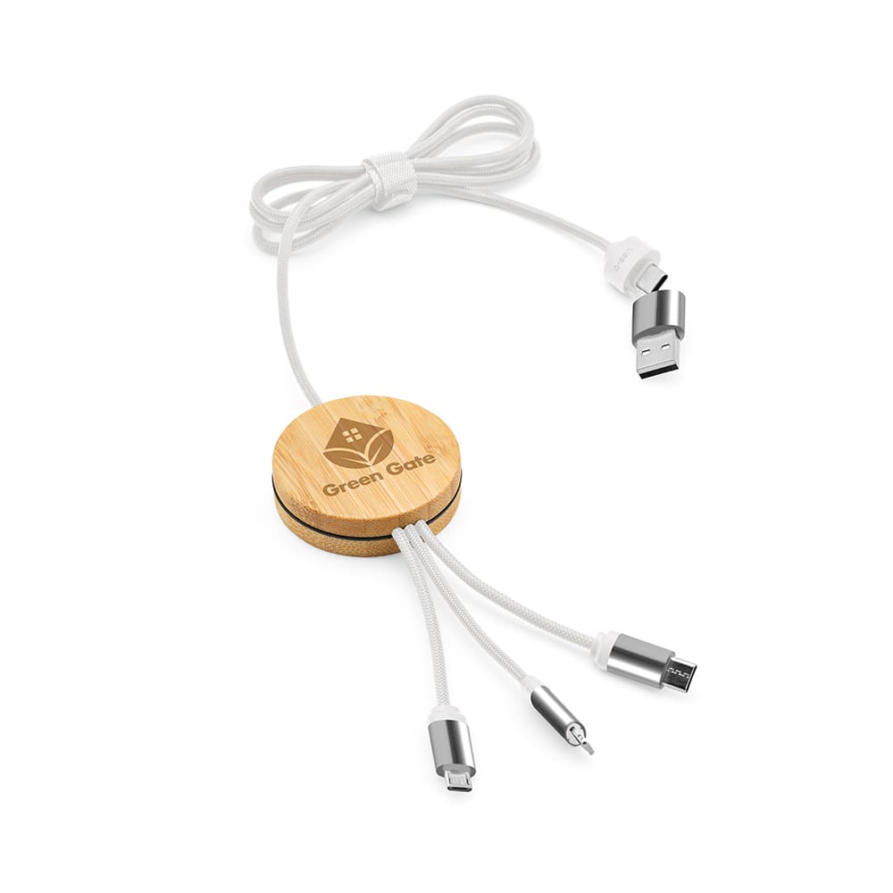 A 5-in-1 charging cable with a bamboo and rPET base, featuring silver connectors and a logo on the wooden base.