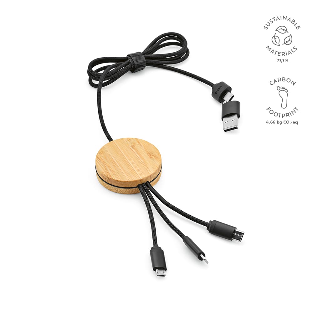 A 5-in-1 charging cable with a bamboo housing and black braided cords. It features a logo on the bamboo base.