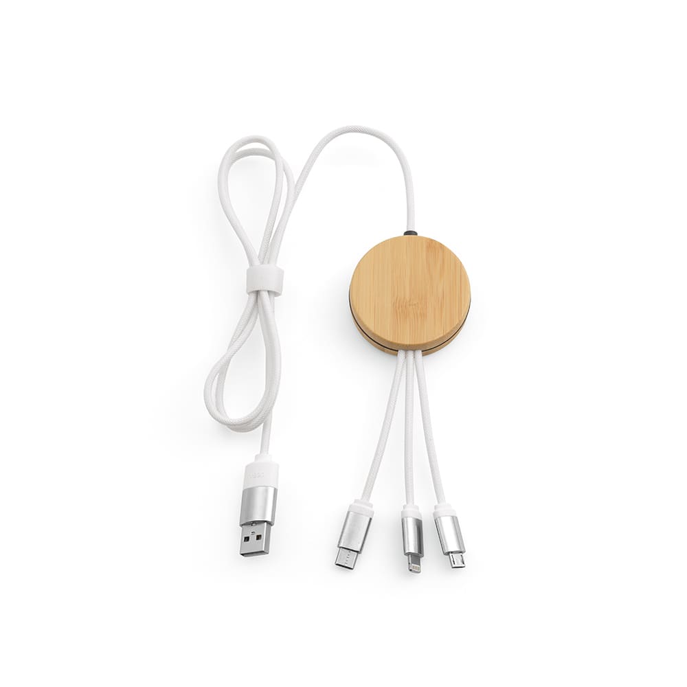 A 5-in-1 charging cable with a bamboo circular hub and white cords, featuring a logo on the bamboo.
