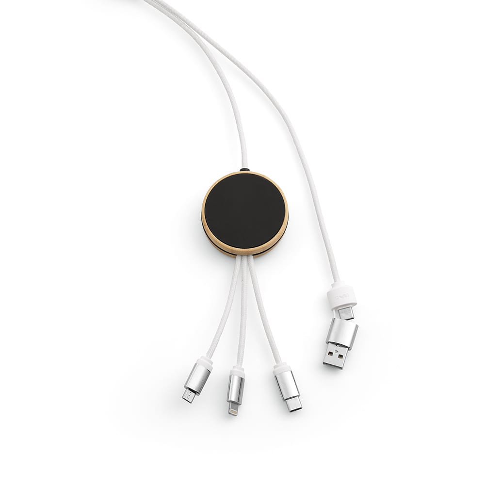 A multi-functional cable featuring a round bamboo and black design with three connector ends and a backlit logo.