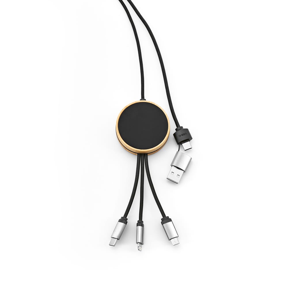 A 5-in-1 charging cable with bamboo and rPET materials, featuring a backlit logo and multiple connectors.