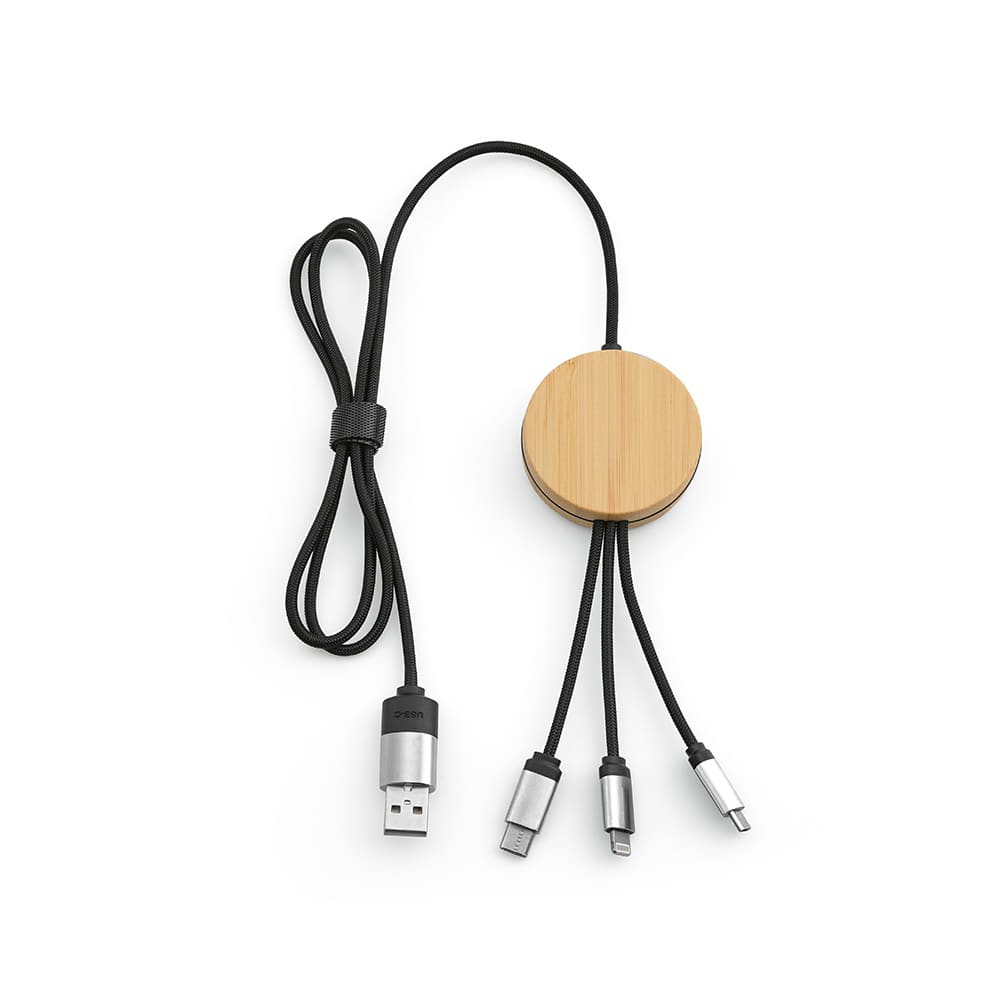 A bamboo and rPET 5-in-1 cable with a circular design and three different connectors in black. It features a backlit logo.