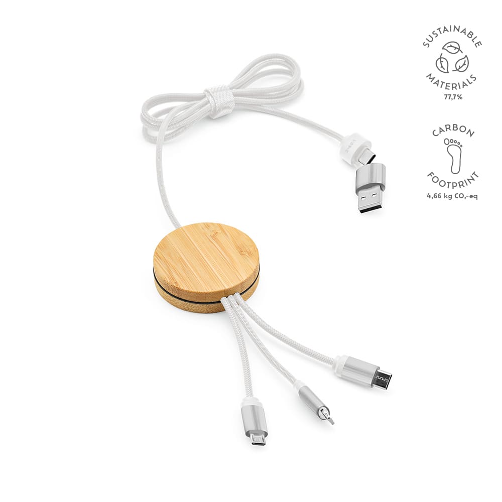 A multi-functional charging cable in white with a bamboo base and an integrated logo.