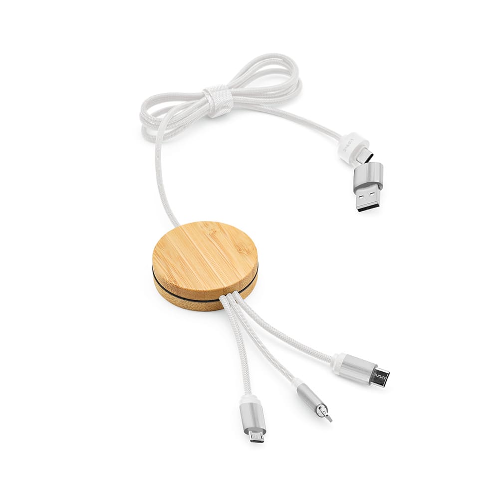 A 5-in-1 charging cable with a bamboo and rPET circular holder, featuring white cables and a silver connector.