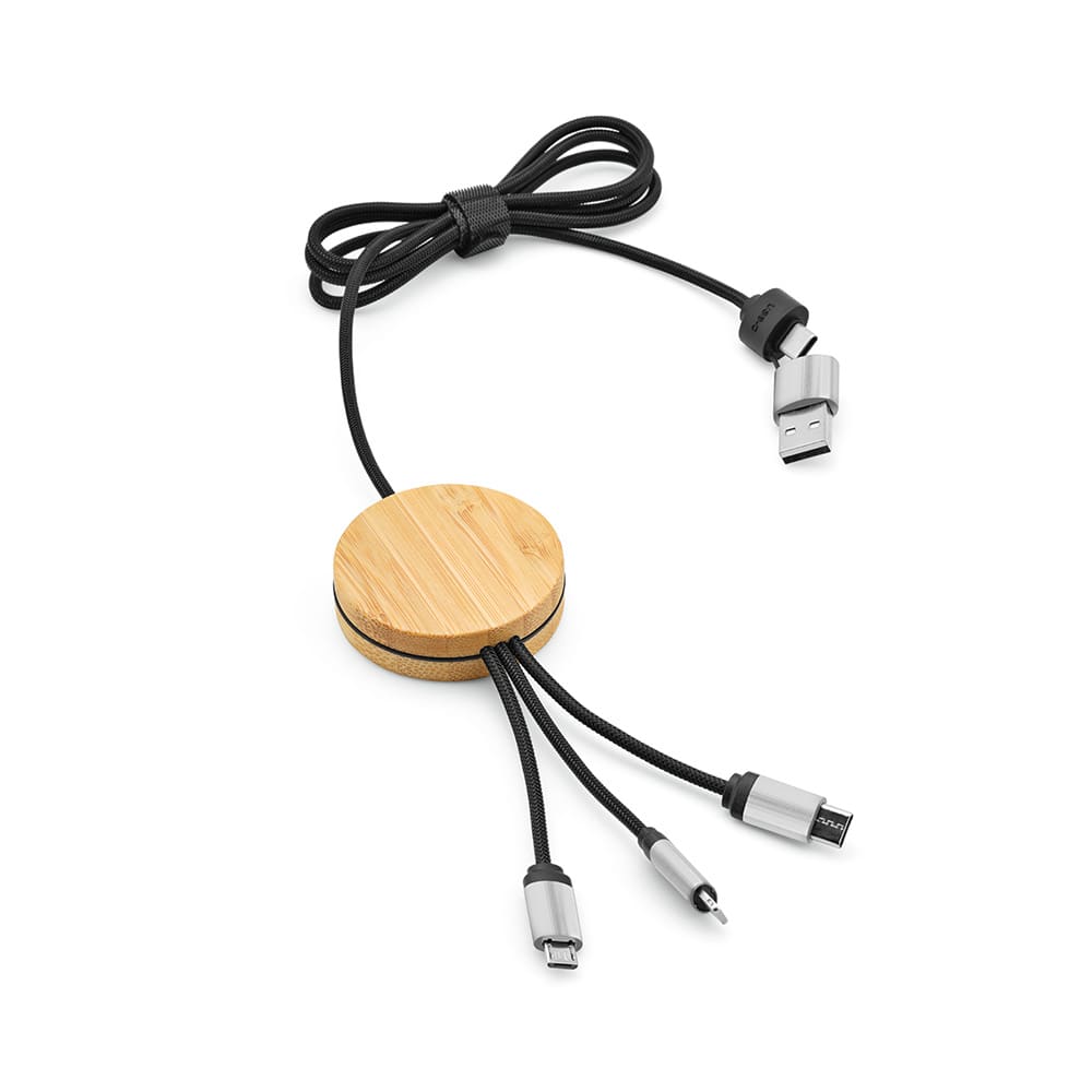 Feynman 5-in-1 Cable Bamboo and rPET. Backlit logo promotional product