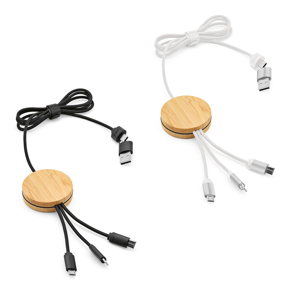 A set of two 5-in-1 charging cables in black and white, featuring a bamboo and rPET circular holder. Each has a logo.