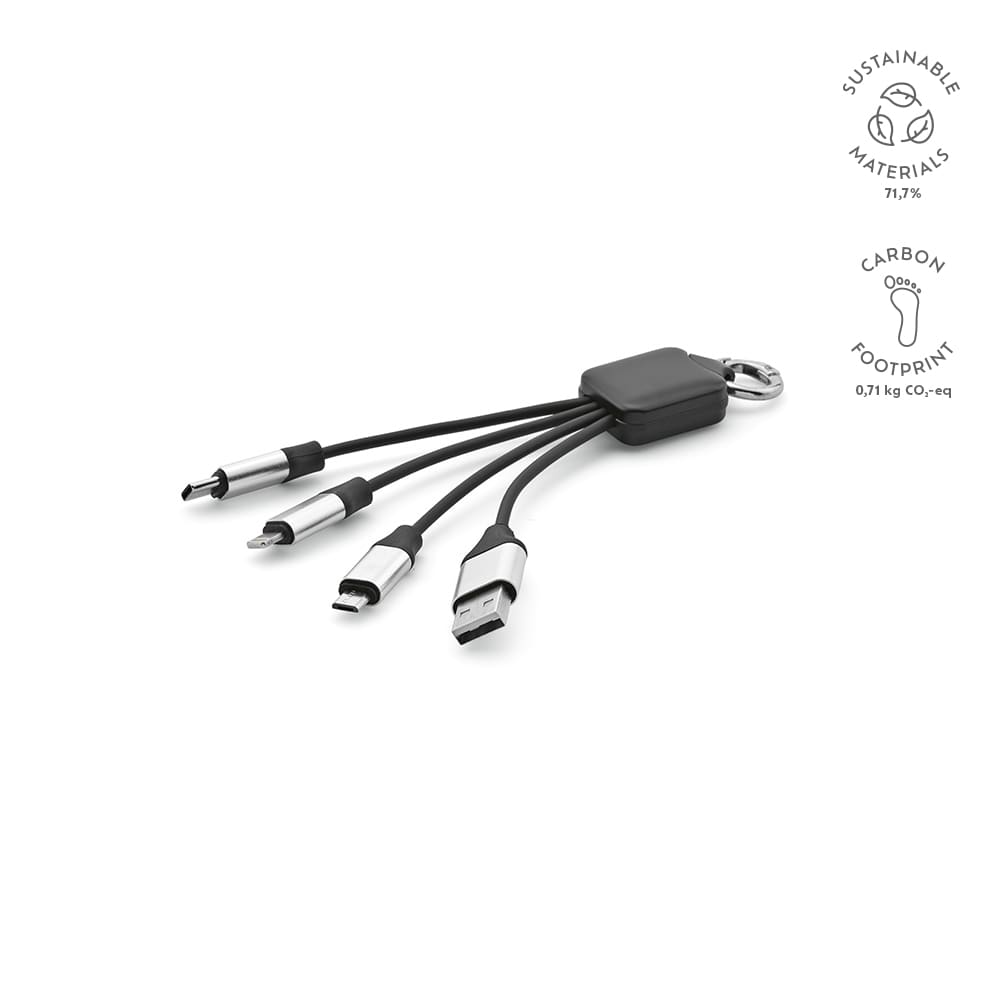 A 4-in-1 charging cable in black with multiple connectors and a silver keyring attachment. It features a logo.
