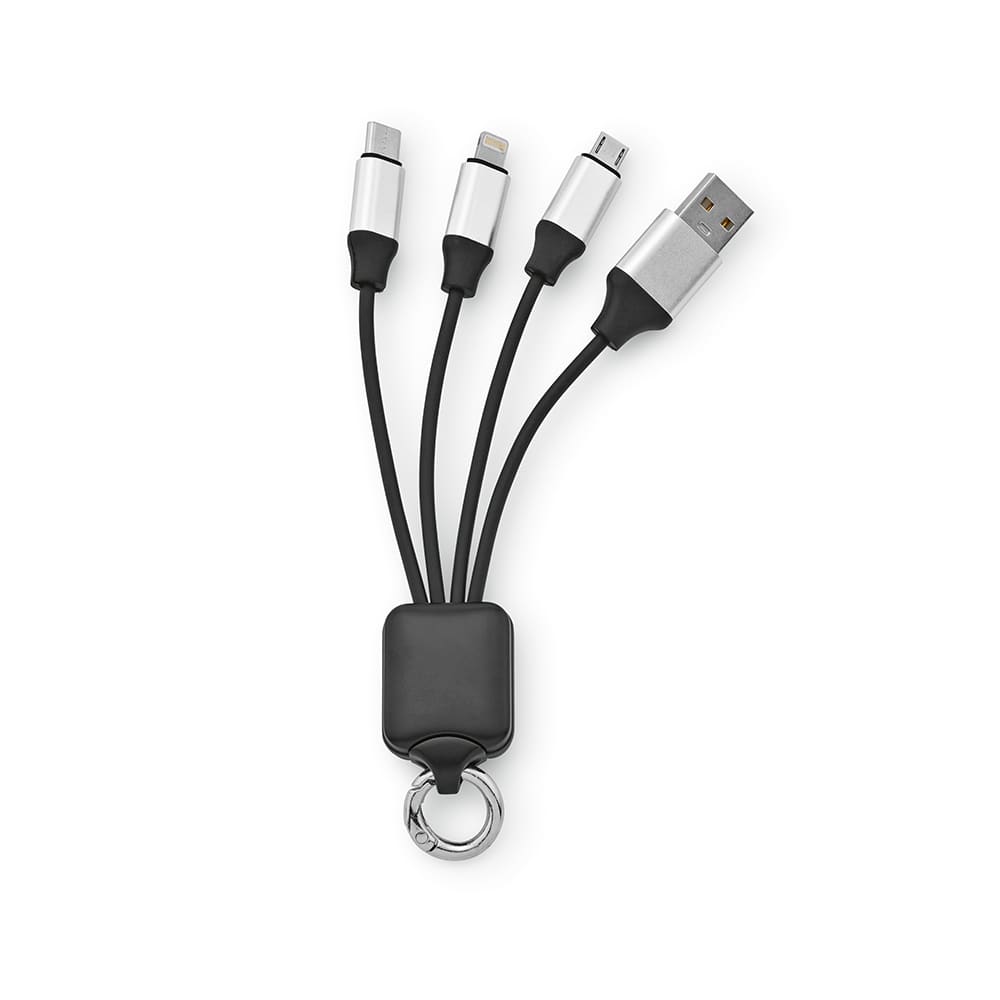 A 4-in-1 charging cable in black with multiple connectors and a silver backlit logo. Includes a hanging loop.