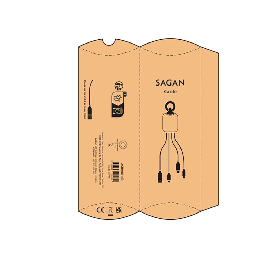 A 4-in-1 charging cable in a beige packaging, featuring a backlit logo and a hanging loop.