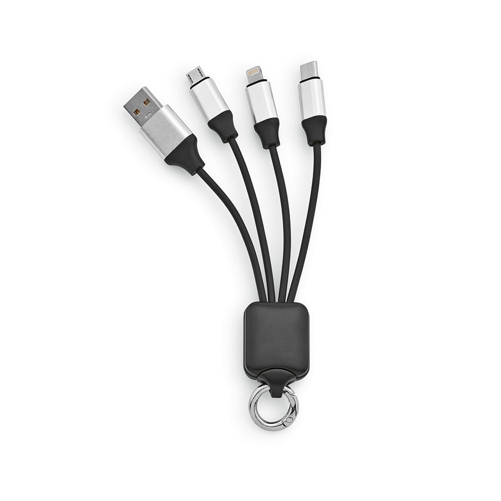 A multi-cable with a black holder, featuring four connectors: USB, micro USB, Lightning, and USB-C. Includes a keyring.