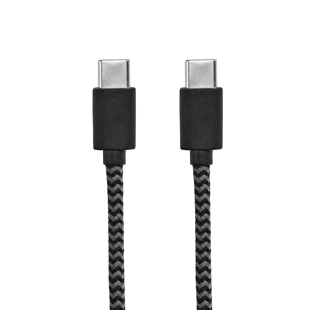 A black and grey braided USB-C to USB-C cable, measuring 1 metre, with connectors at both ends.