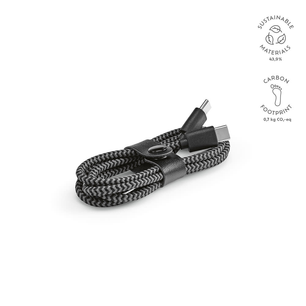 A black and grey braided USB-C to USB-C charging cable, featuring a leather tie for organisation and a logo.