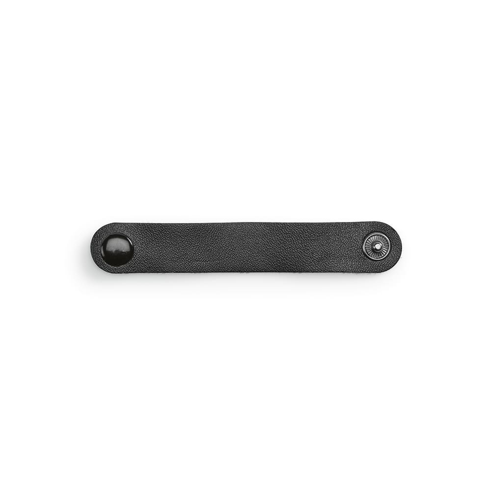 A black leather strap with decorative snaps at both ends, featuring a textured finish and a sleek design.