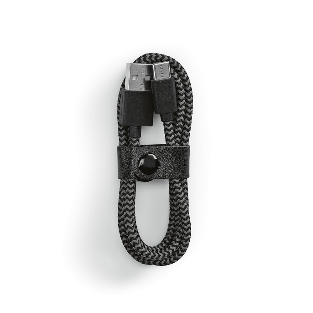 A black and grey braided USB-A to USB-C cable, neatly coiled with a leather strap for organisation.
