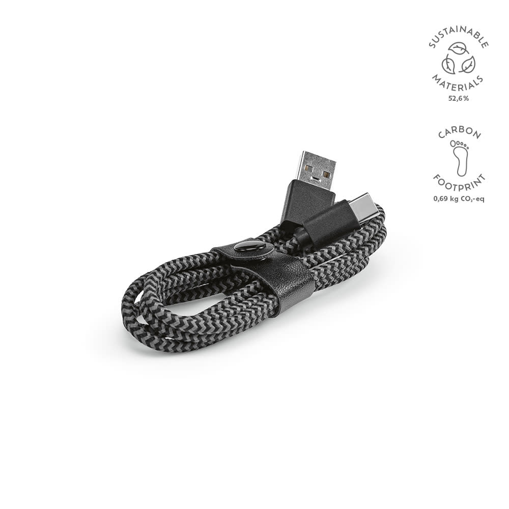 A black and grey braided USB-A to USB-C cable, with a logo on the connector.