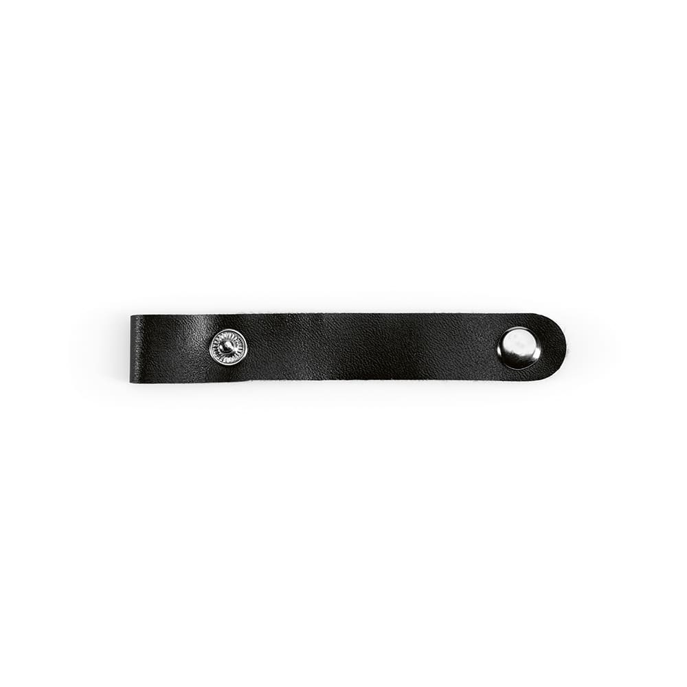A black leather strap with a snap fastener, designed for securing or organising items.