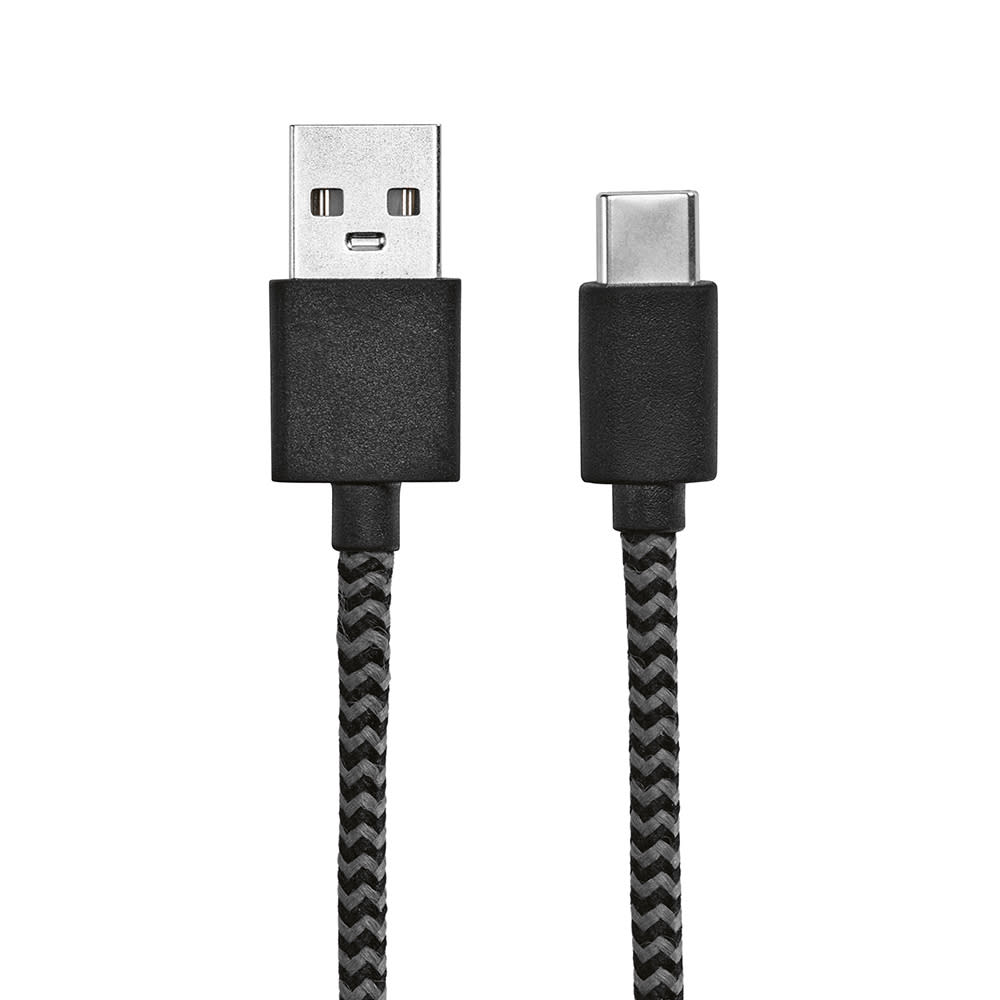 A black USB-A to USB-C cable with a braided design, featuring connectors on both ends.