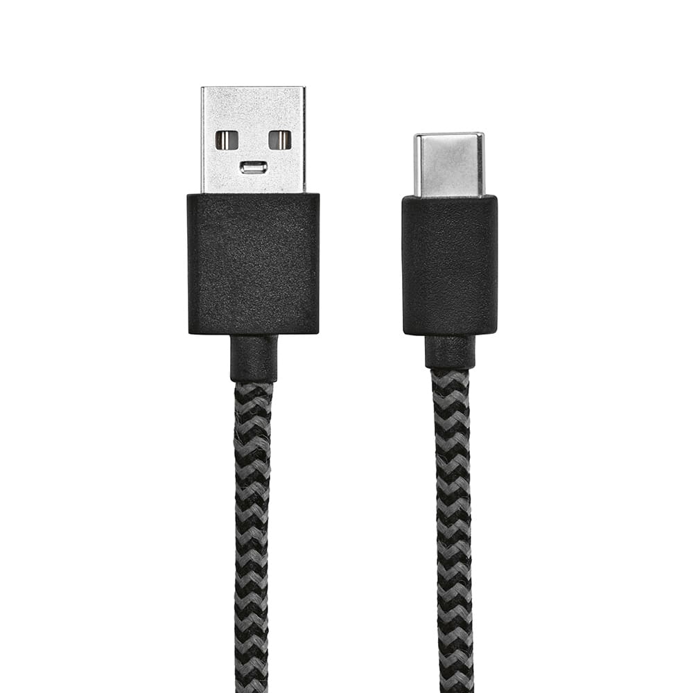 A USB-A to USB-C cable in black with a braided grey design, featuring connectors on both ends.