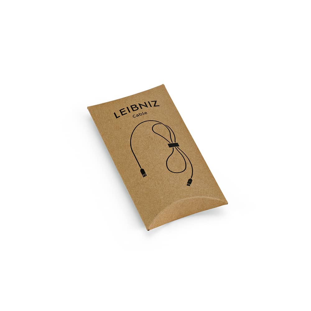A USB-A to USB-C cable in a brown cardboard packaging, featuring a logo and a simple design.