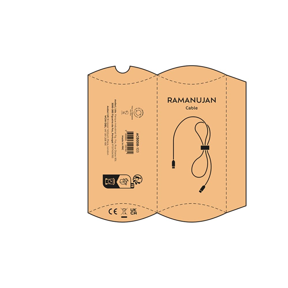 A USB-C to Lightning cable in a beige packaging, featuring a logo and a simple design.