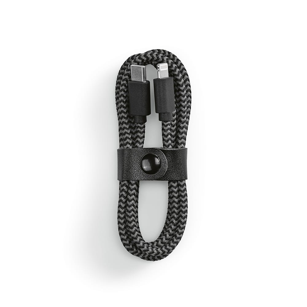 A USB-C to Lightning cable, 1 metre long, in a black and grey braided design, secured with a black strap.