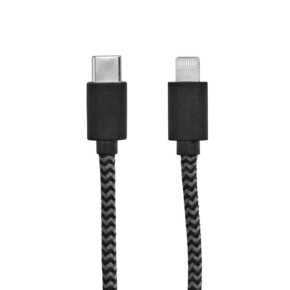 A black and grey braided USB-C to Lightning cable, featuring connectors at both ends. Brand logo visible.