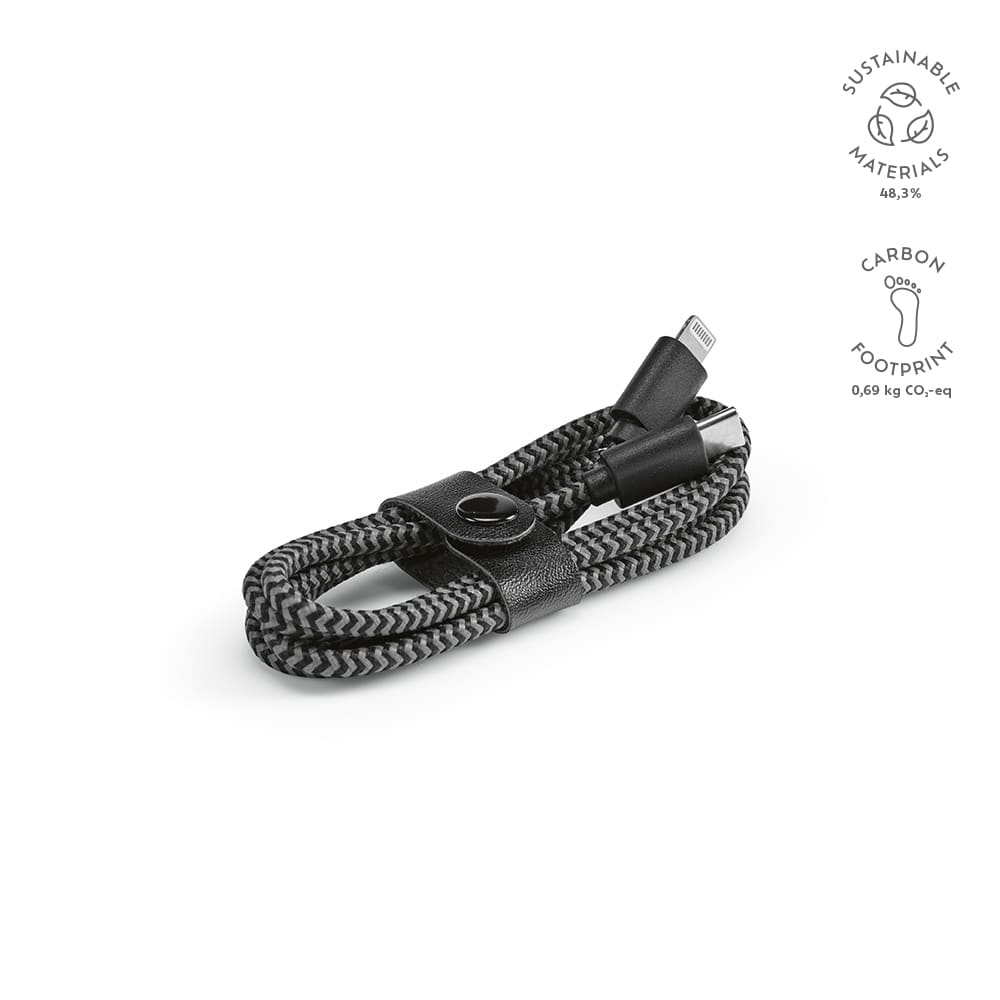 A USB-C to Lightning cable in black and grey, featuring a braided design and a leather tie. It includes a logo.