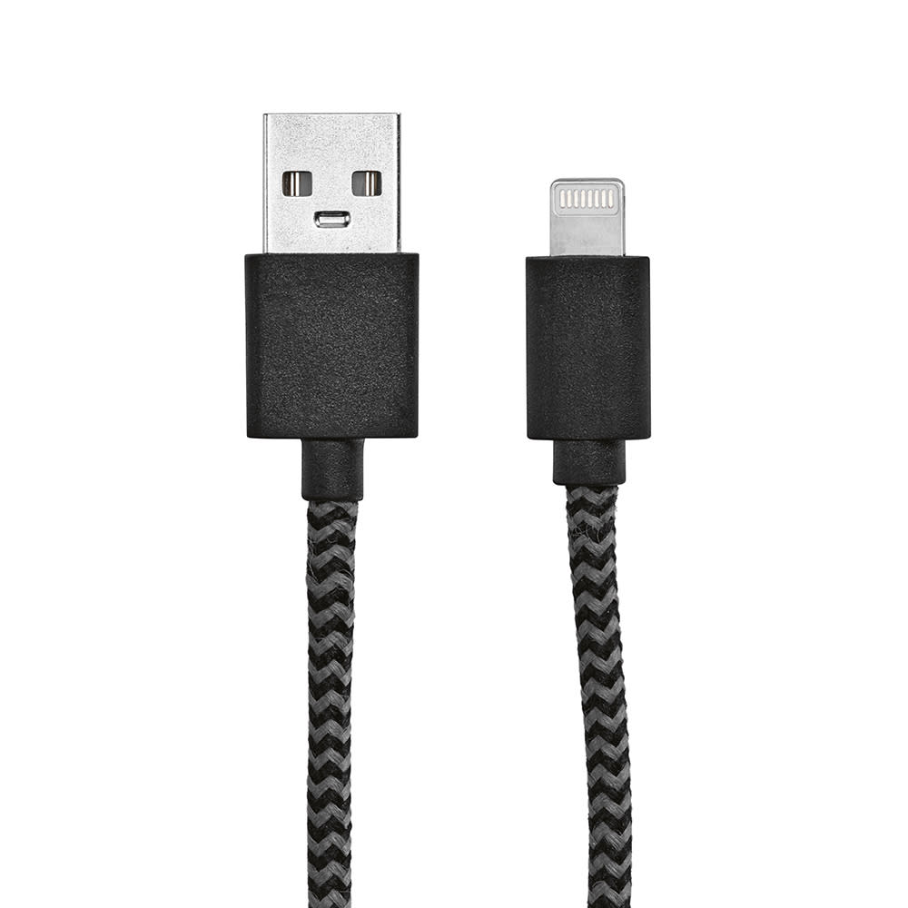 A black and grey braided USB-A to Lightning cable, 1 metre in length, with branding on the connectors.