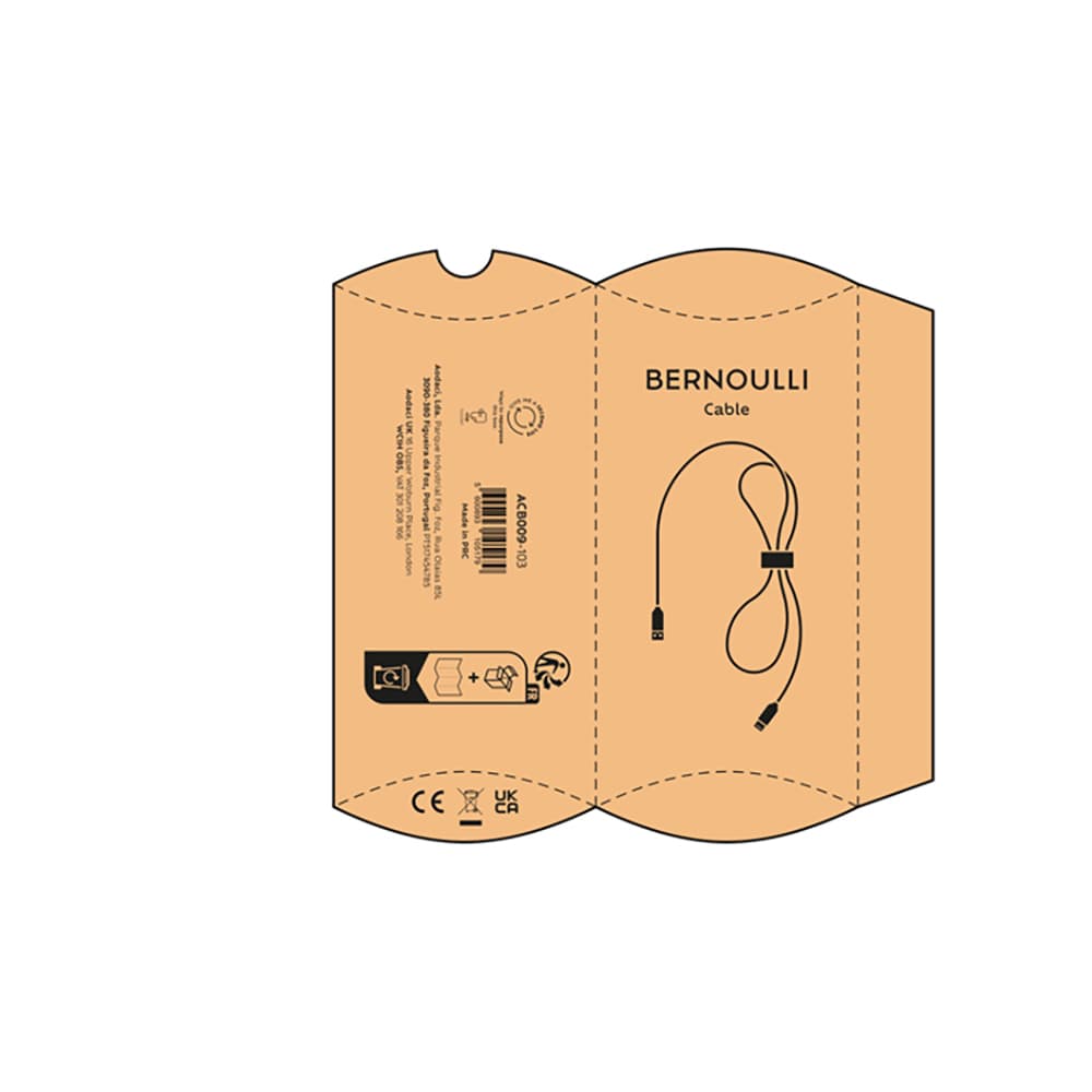 A tan packaging design for the Bernoulli Cable, featuring a USB-A to Lightning cable illustration and a logo.
