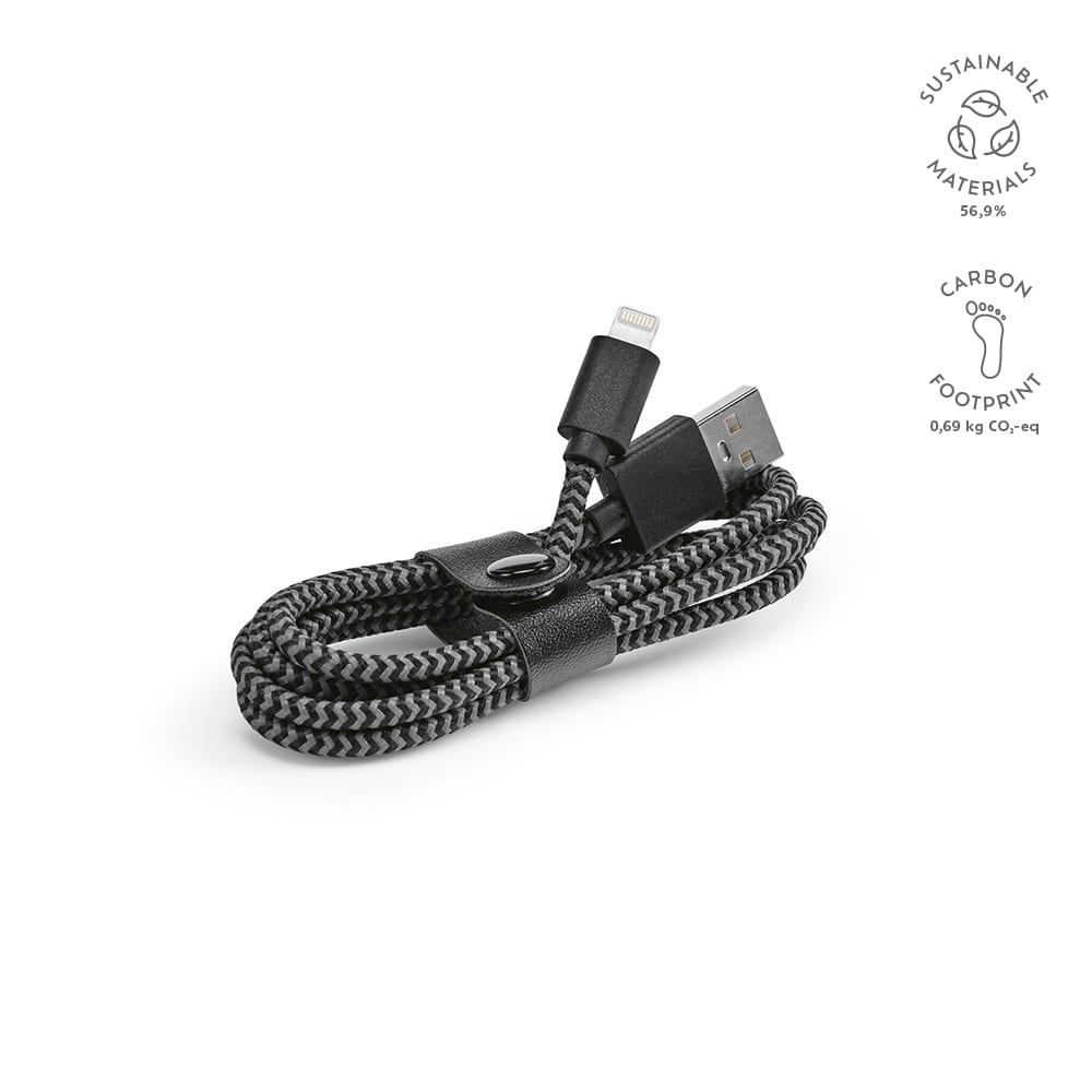 A black and grey braided cable, 1m long, with USB-A and Lightning connectors, featuring a branding logo.