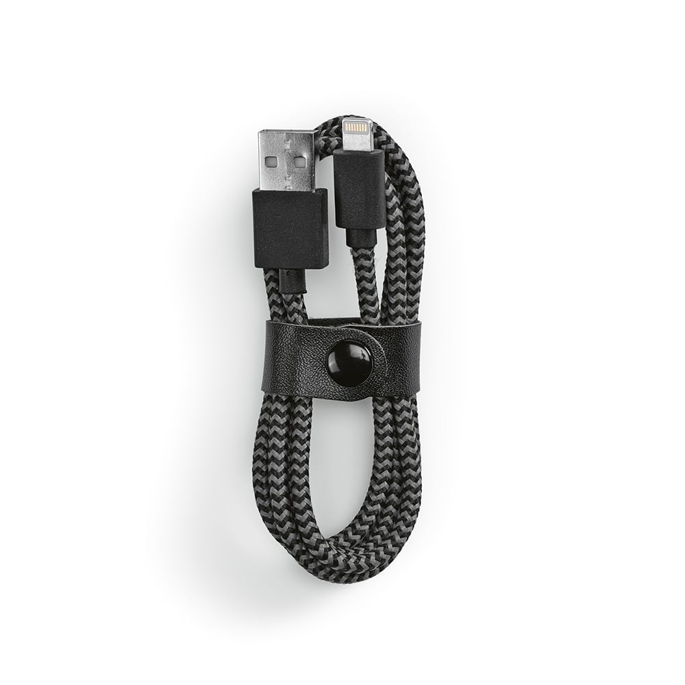 A black braided USB-A to Lightning cable, 1 metre long, neatly coiled and secured with a black strap.