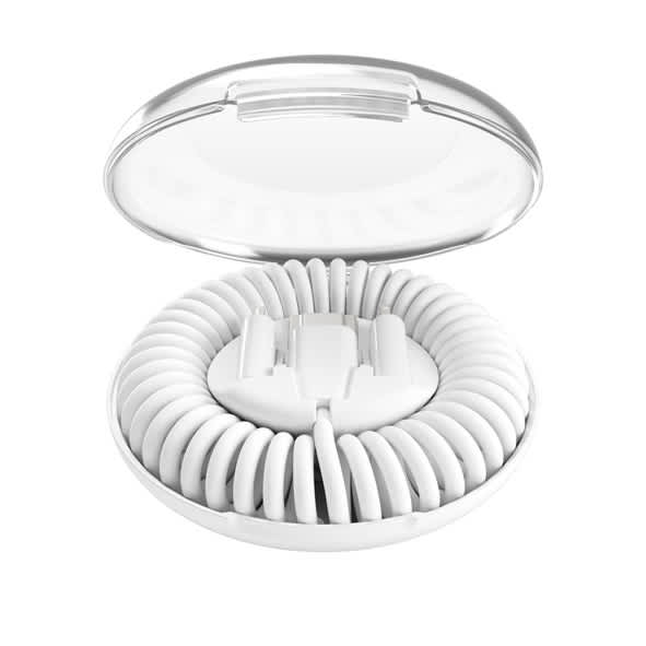 A white eco 6-in-1 fast charging cable neatly coiled inside a transparent organiser case.
