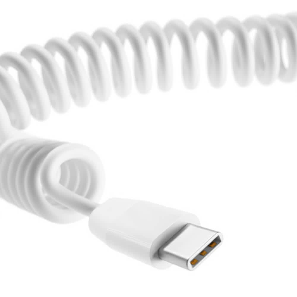 A white coiled charging cable with a USB connector at one end. Features a simple design and includes a logo.