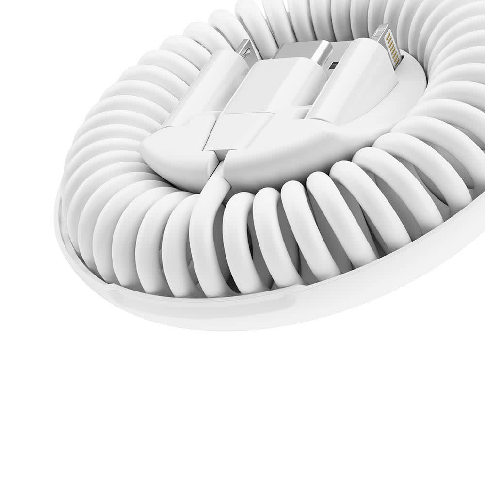 A white coiled fast charging cable with multiple connectors, supplied inside a round organiser.